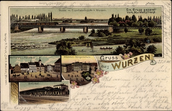 lito Wurzen w Saksonii, rynek, ratusz, szkoła społeczna dla dziewcząt, dworzec kolejowy, most kolejowy