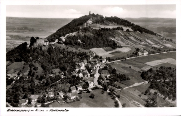 Postcard Rechberg Schwäbisch Gmünd in the Ostalbkreis, Hohenrechberg, aerial photograph, Hinterweiler