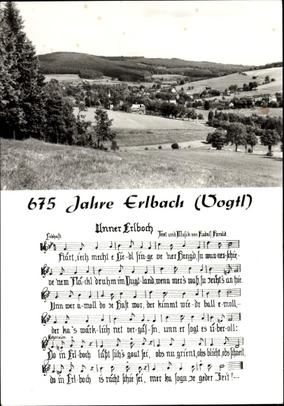 Postcard Erlbach im Vogtland, Panorama, Song Unner Erlbach, 675 years of Erlbach