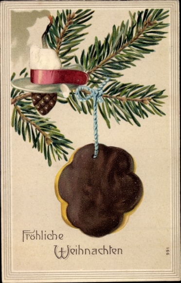 Ansichtkaart met reliëf gefeliciteerd Kerstmis, dennenboom, peperkoek, kegels