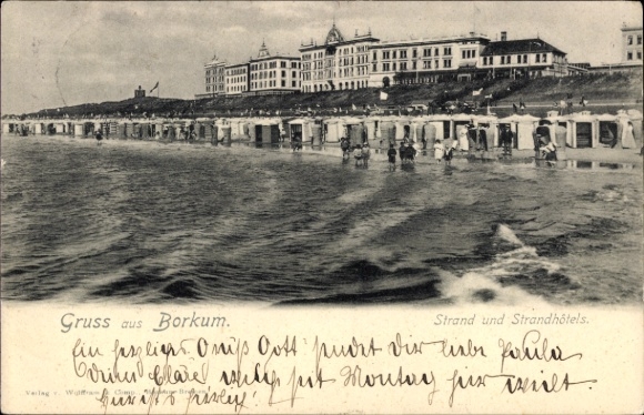 Postcard North Sea resort Borkum in East Frisia, beach view, beach hotels, greeting card, water, people, his