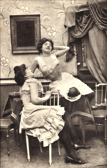 Postcard Two young women in underwear, corsets, Parisians