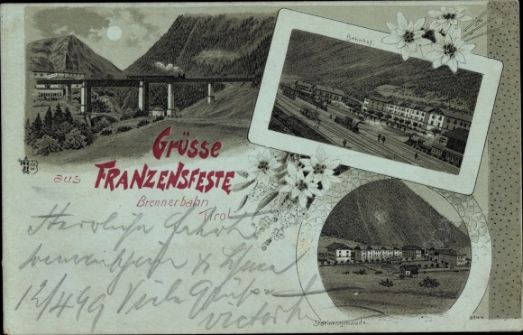 Moonlight Chromo-Litho Fortezza Franzensfeste South Tyrol, station building, railway station, track side