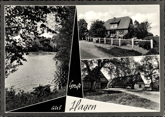 Postcard Hagen Langwedel, half-timbered house, shop, lake view