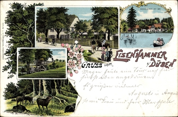 Chromo-Litho Bad Düben on the Mulde Saxony, iron hammer, hammer mill, lake, deer
