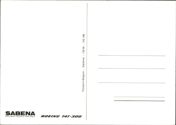 Postcard passenger plane, Sabena, Belgian World Airlines, Boeing 747 300