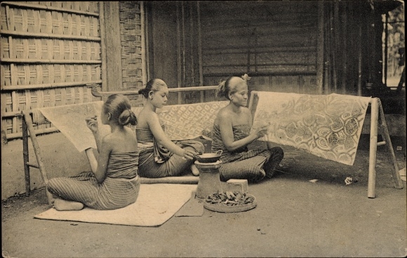 Postcard Indonesia, women embroidering