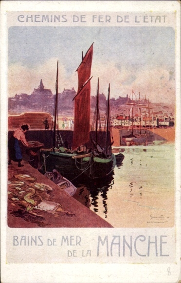 Kunstenaarsbriefkaart Chemin de fer de l'Etat, Bains de Mer de la Manche, reclame