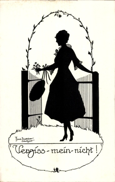 Paper cutting artist Postcard Boettcher, Hans, Forget me not, Woman at the garden gate
