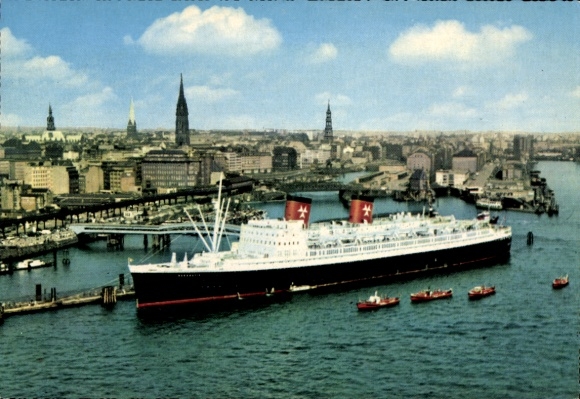 Postcard passenger express steamer Hanseatic, Hamburg Atlantic Line, in the port of Hamburg