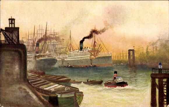 Postcard harbor view with ships, boats and cranes