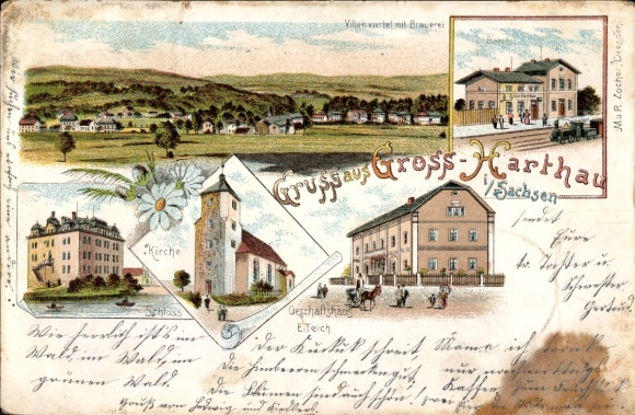 Litho Großharthau in Sachsen, Geschäftshaus, Villenviertel, Brauerei, Schloss, Kirche
