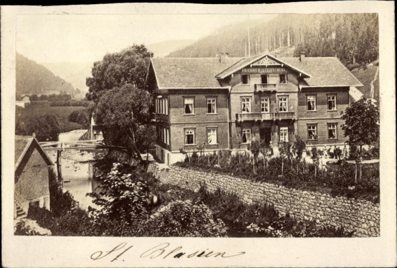 CdV Sankt Blasien in the Black Forest, partial view with building, river