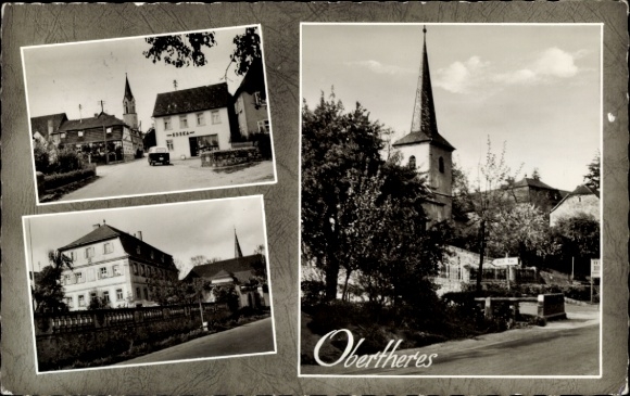 Postcard Obertheres Theres in Lower Franconia, partial views, church, street, shop