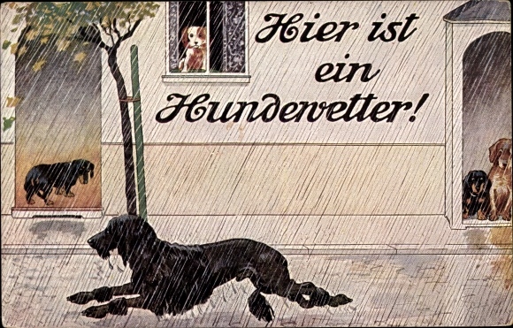Artist Postcard Here is a dog weather, dogs in the rain, dachshunds