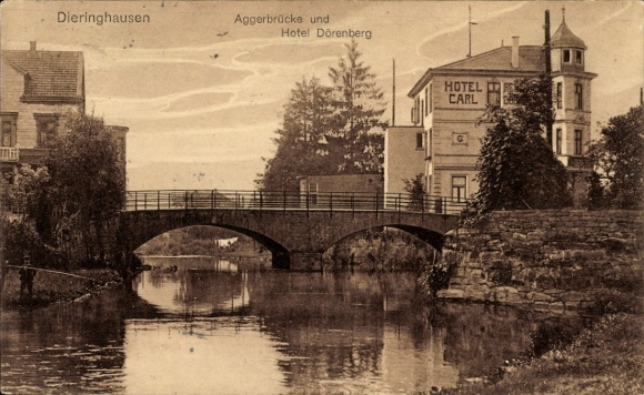 Postcard Dieringhausen Gummersbach in the Oberbergischer Kreis, Aggerbrücke, Hotel Dörenberg, bridge, water