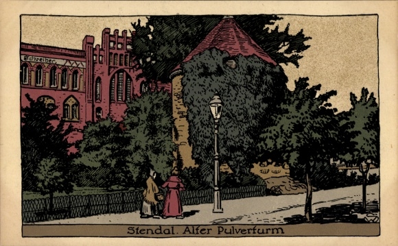 Steindruck Ak Stendal in Sachsen Anhalt, alter Pulverturm