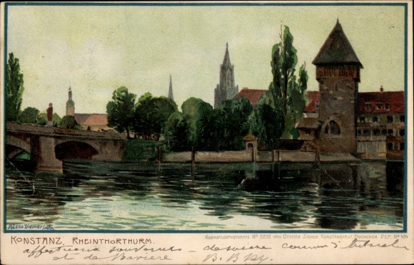 Kunstenaar litho Diemer, Zeno, Konstanz aan het Bodenmeer, kavel aan de Rheintorturm