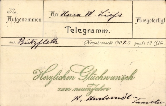 PC Bremervörde in Lower Saxony, New Year's greetings for the year 1907, sender Butzfleth, recipient W. ...