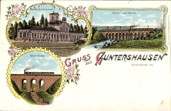 Chromo-Litho Guntershausen Baunatal in Hesse, railway station track side, Fulda bridge