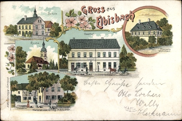Chromo-Litho Elbisbach Frohburg in Saxony, Frenzel's home, Schuster material goods store, inn
