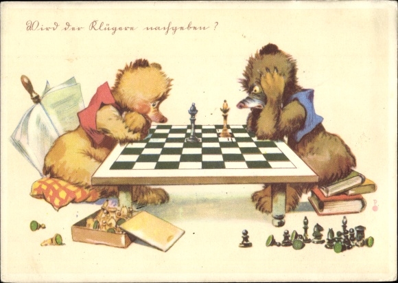 Postcard Will the wiser give in, Two humanized bears play chess