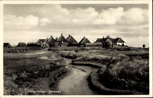Postcard Hallig Hooge in North Frisia, thatched roof houses, Hanswarf