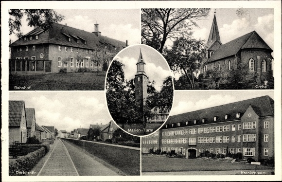 Postcard Sande in Friesland, train station, church, Marienturm, village street, hospital