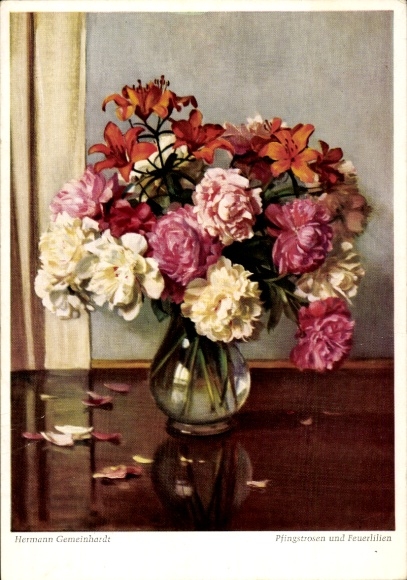 Artist Postcard Gemeinhardt, H., Peonies, Fire Lilies