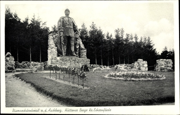 Postcard Ascheffel in the Eckernförde district, Bismarck monument on the Aschberg, Hüttener mountains
