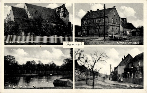 Ak Oberwünsch Wünsch Mücheln im Saalekreis, Vierteiliges Bild, Kirche, Schule, Teich, Dorstraße, 