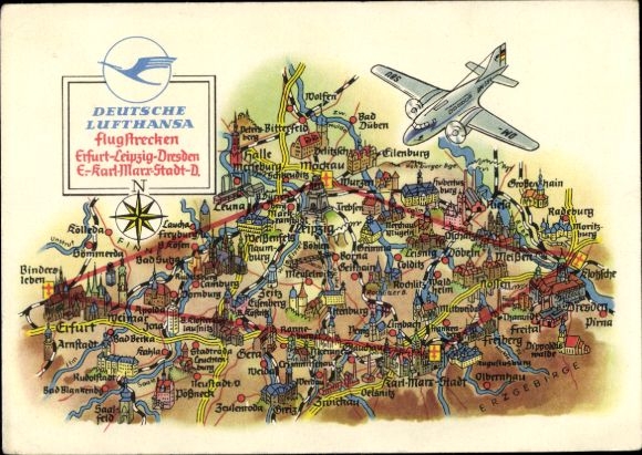 Postcard Deutsche Lufthansa, flight routes Erfurt Leipzig Dresden Karl Marx City