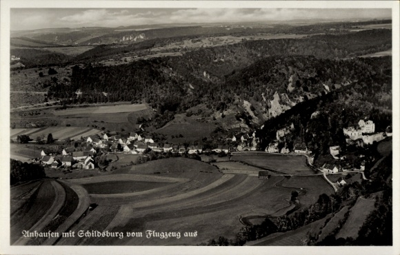 Ak Anhausen Hayingen auf der Schwäbischen Alp, Fliegeraufnahme, Schildsburg