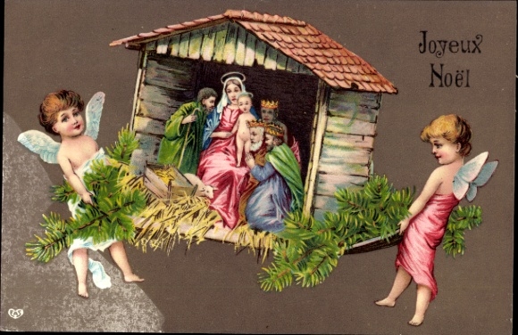 Glitzer Ak Frohe Weihnachten, Krippenszene, Engel, Heilige Drei Könige