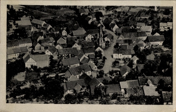 Postcard Hoppstädten Weiersbach in the Nahe valley, aerial view of a village, houses, church, black and white photo