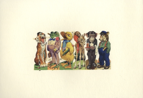 Oblate 6er Block Tiger, Frosch, Ente, Giraffe, Affe, Bär in menschlicher Kleidung, ca. 8 x 15,5 cm