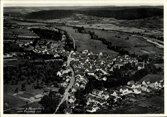 Postcard Singen Hohentwiel Baden Württemberg, aerial photograph, settlement, green landscape, agriculture
