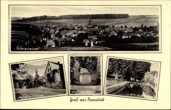 Ak Farnstedt Farnstädt im Saalekreis, panorama, kerk, monument, dorpsvijver