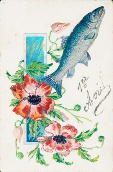 Glitter Postcard Congratulations April 1st, fish, poppy