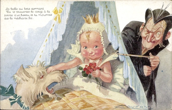 Artist Postcard Mauzan, Sleeping Beauty, Baby with Crown, Evil Fairy