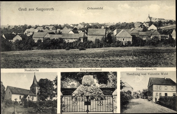 Postcard Sargenroth Rhineland Palatinate, Nunkirche, action by Valentin Wald, war memorial, town view