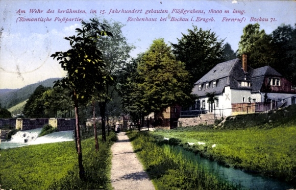 Postcard Rechenhaus Bockau in the Ore Mountains, at the weir of the raft ditch