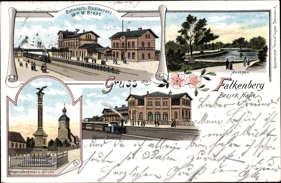 Chromo-Litho Falkenberg an der Elster, train station, train station restaurant M. Bress, grounds, war memorial church