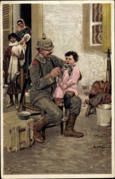 Künstler Ak Heilemann, E., Barbaren, Deutscher Soldat füttert Kleinkind