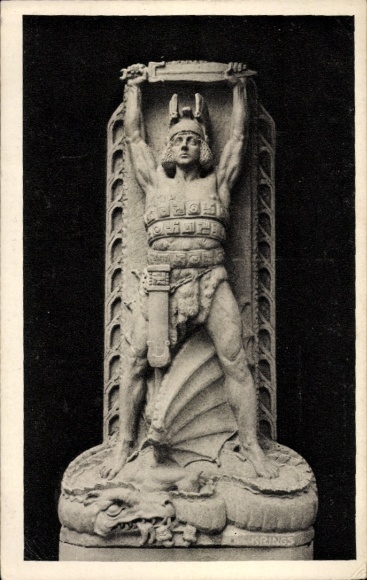 Postcard Königswinter am Rhein, sculpture of Siegfried, dragon, sword, war memorial, sculptor FJ Kr