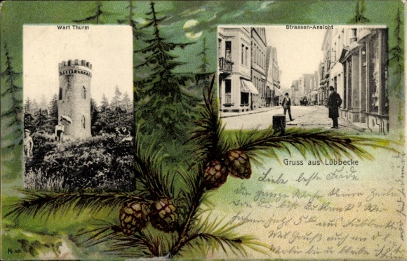 Passepartout Postcard Lübbecke in Westphalia, street view, watchtower, forest at night