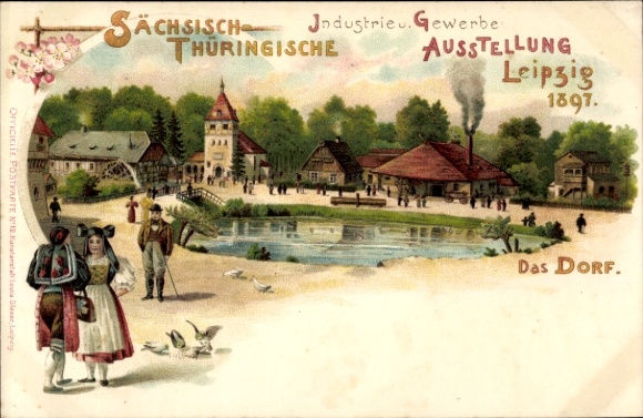 litho Leipzig, Saksische Thüringer Industrie- en Handelstentoonstelling 1897, klederdracht, dorp