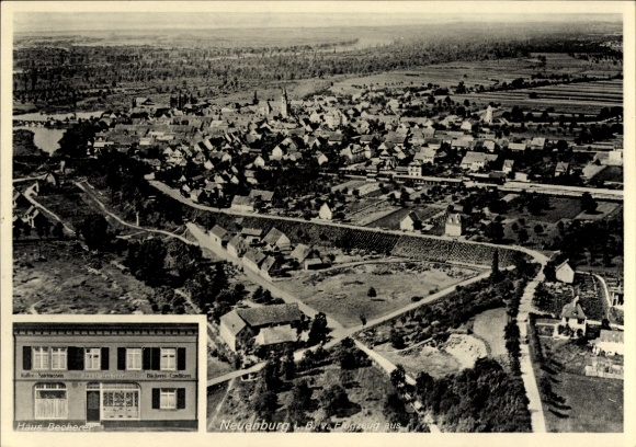 Postcard Neuenburg am Rhein Baden, aerial photograph, bakery confectionery cafe Josef Becherer
