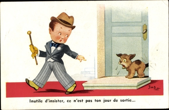 Artist Postcard Patt, J., Barking dog at the doorstep, boy, walking stick, injured dog's tail