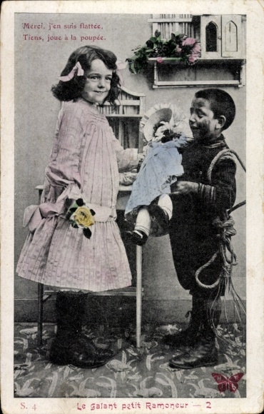 Postcard Children with Doll, Boy as Chimney Sweep